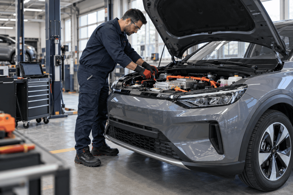 Monteur werkt aan elektrische auto met goede schoenen