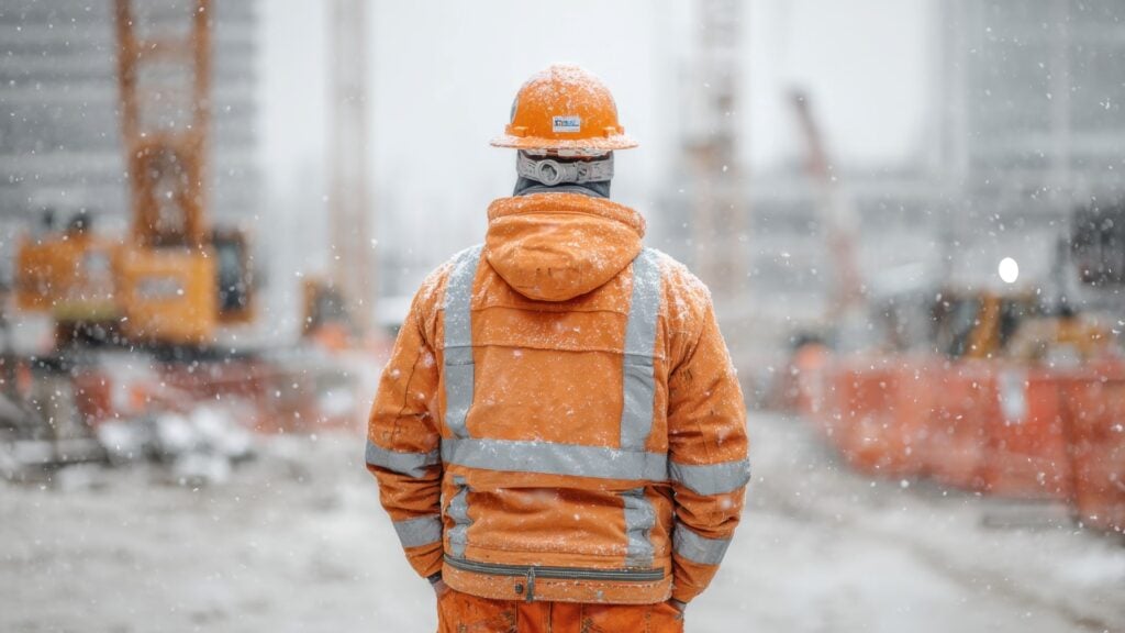 de rug van een bouwvakker die in de sneeuw staat