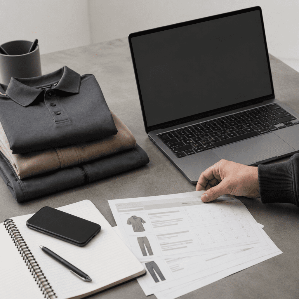 Werkkleding, laptop, telefoon en papieren op bureau