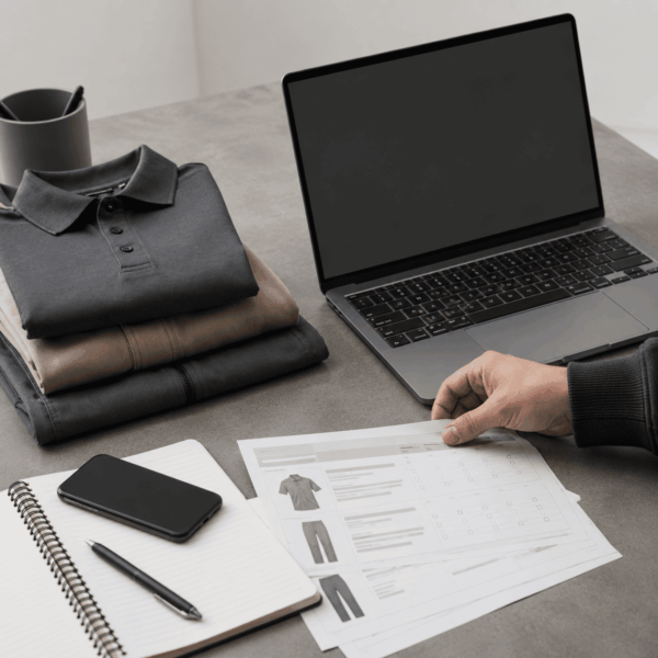 Werkkleding, laptop, telefoon en papieren op bureau